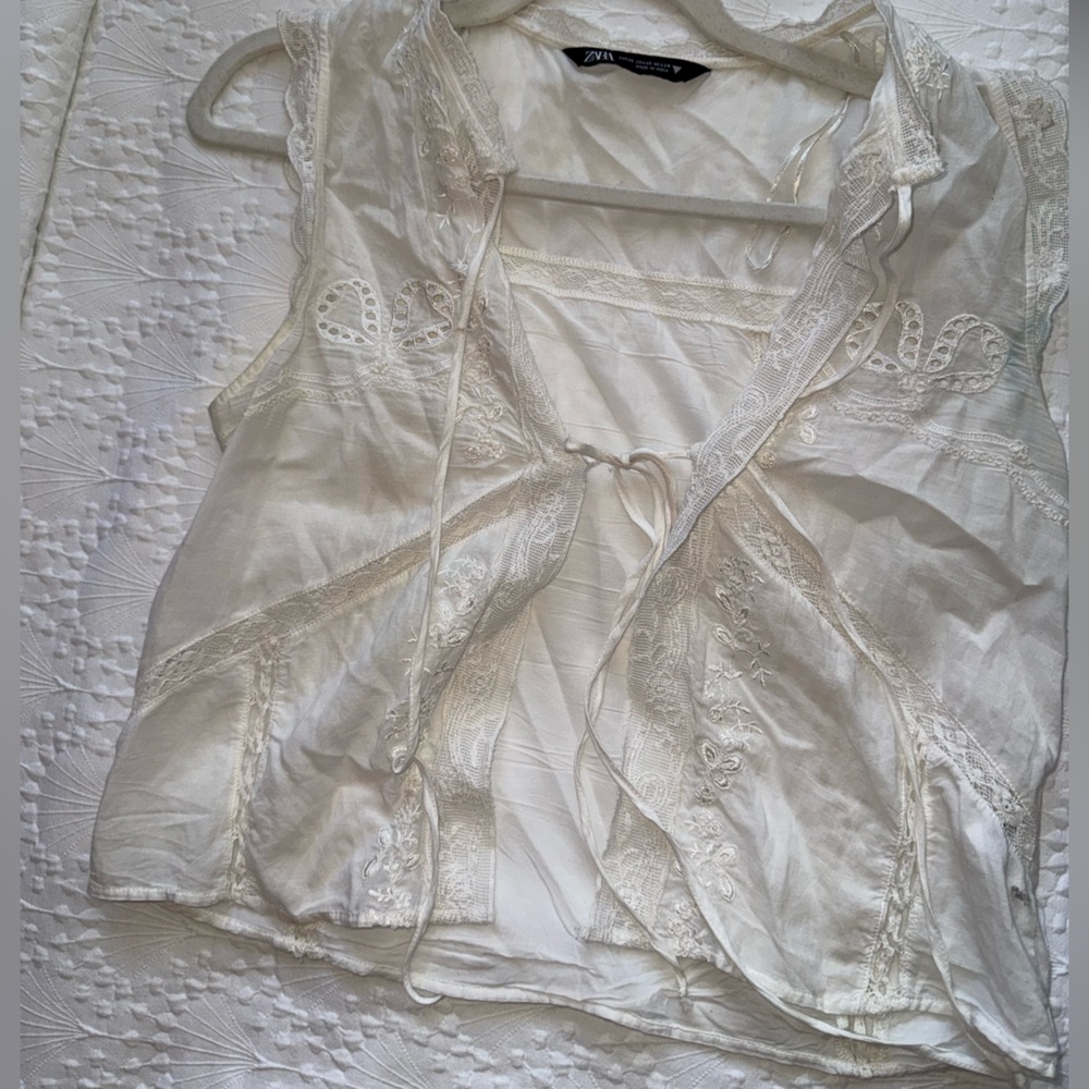 Zara Ivory Lace-Trim Tie-Front top